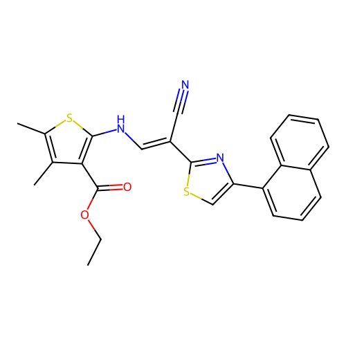(E)-ethyl 2-((2-cyano-2-(4-(naphthalen-1-yl)thiazol-2-yl)vinyl)amino)-4,5-dimethylthiophene-3-carboxylate structure