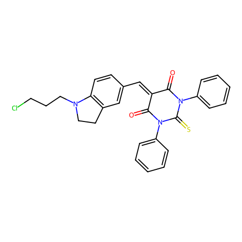 5-((1-(3-chloropropyl)indolin-5-yl)methylene)-1,3-diphenyl-2-thioxodihydropyrimidine-4,6(1H,5H)-dione structure