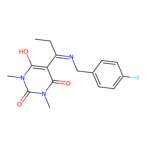 5-(1-((4-fluorobenzyl)amino)propylidene)-1,3-dimethylpyrimidine-2,4,6(1H,3H,5H)-trione structure
