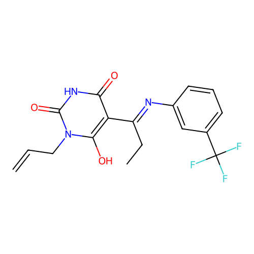 (E)-1-allyl-5-(1-((3-(trifluoromethyl)phenyl)amino)propylidene)pyrimidine-2,4,6(1H,3H,5H)-trione structure