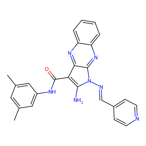 (E)-2-amino-N-(3,5-dimethylphenyl)-1-((pyridin-4-ylmethylene)amino)-1H-pyrrolo[2,3-b]quinoxaline-3-carboxamide structure