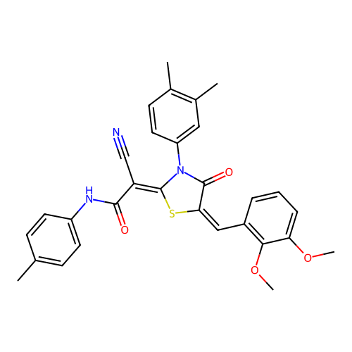 (2Z)-2-cyano-2-[(5E)-5-(2,3-dimethoxybenzylidene)-3-(3,4-dimethylphenyl)-4-oxo-1,3-thiazolidin-2-ylidene]-N-(4-methylphenyl)ethanamide structure