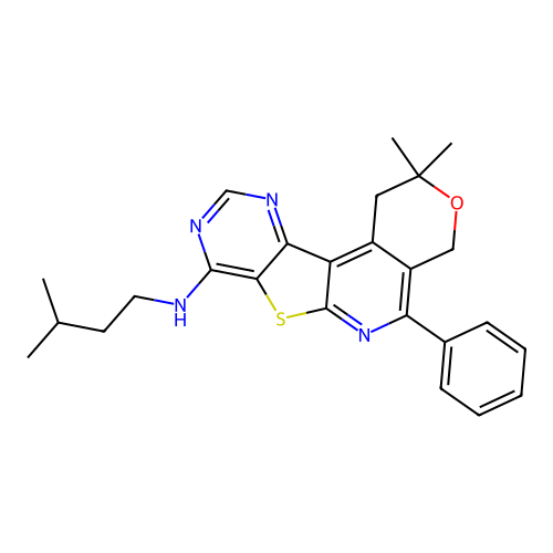 2,2-dimethyl-N-(3-methylbutyl)-5-phenyl-1,4-dihydro-2H-pyrano[4'',3'':4',5']pyrido[3',2':4,5]thieno[3,2-d]pyrimidin-8-amine structure