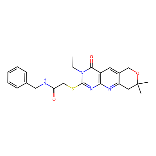 N-benzyl-2-((3-ethyl-8,8-dimethyl-4-oxo-4,6,8,9-tetrahydro-3H-pyrano[3',4':5,6]pyrido[2,3-d]pyrimidin-2-yl)thio)acetamide structure