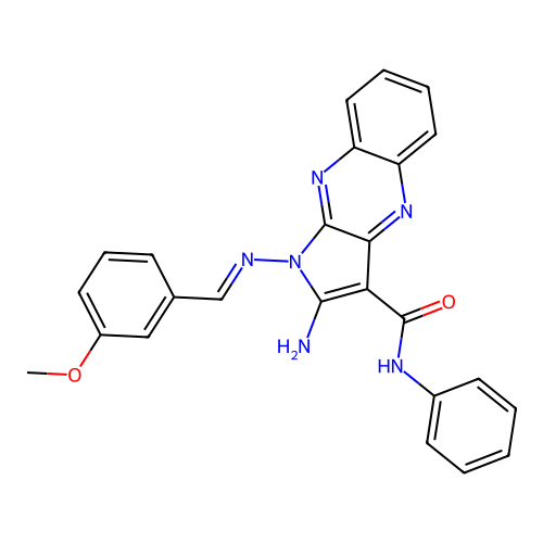 (E)-2-amino-1-((3-methoxybenzylidene)amino)-N-phenyl-1H-pyrrolo[2,3-b]quinoxaline-3-carboxamide structure