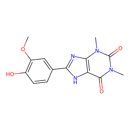 8-(4-hydroxy-3-methoxyphenyl)-1,3-dimethyl-3,7-dihydro-1H-purine-2,6-dione structure