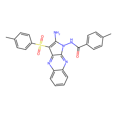 N-(2-amino-3-tosyl-1H-pyrrolo[2,3-b]quinoxalin-1-yl)-4-methylbenzamide structure