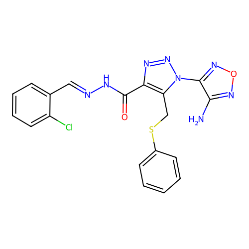 (E)-1-(4-amino-1,2,5-oxadiazol-3-yl)-N'-(2-chlorobenzylidene)-5-((phenylthio)methyl)-1H-1,2,3-triazole-4-carbohydrazide structure
