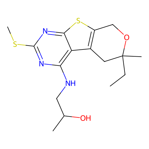 1-((6-ethyl-6-methyl-2-(methylthio)-6,8-dihydro-5H-pyrano[4',3':4,5]thieno[2,3-d]pyrimidin-4-yl)amino)propan-2-ol structure