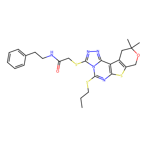 2-((10,10-dimethyl-5-(propylthio)-10,11-dihydro-8H-pyrano[4',3':4,5]thieno[3,2-e][1,2,4]triazolo[4,3-c]pyrimidin-3-yl)thio)-N-phenethylacetamide structure