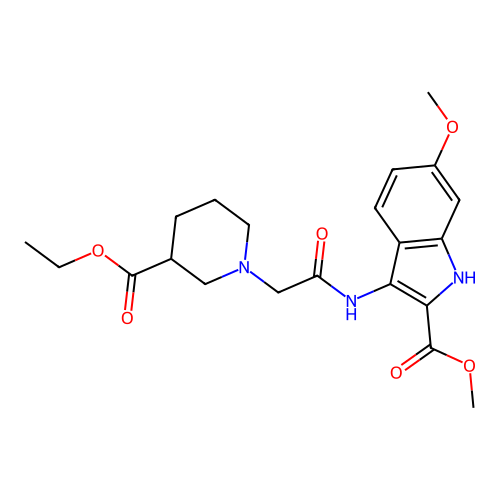 methyl 3-(2-(3-(ethoxycarbonyl)piperidin-1-yl)acetamido)-6-methoxy-1H-indole-2-carboxylate structure