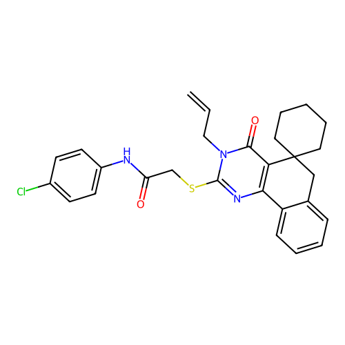 2-((3-allyl-4-oxo-4,6-dihydro-3H-spiro[benzo[h]quinazoline-5,1'-cyclohexan]-2-yl)thio)-N-(4-chlorophenyl)acetamide structure