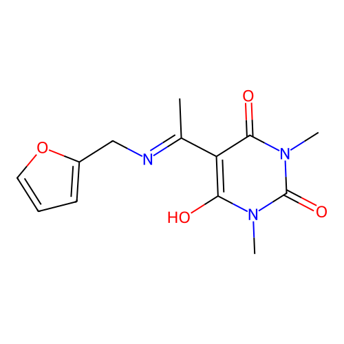 5-(1-((furan-2-ylmethyl)amino)ethylidene)-1,3-dimethylpyrimidine-2,4,6(1H,3H,5H)-trione structure