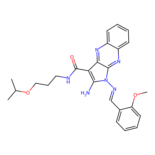 (E)-2-amino-N-(3-isopropoxypropyl)-1-((2-methoxybenzylidene)amino)-1H-pyrrolo[2,3-b]quinoxaline-3-carboxamide structure