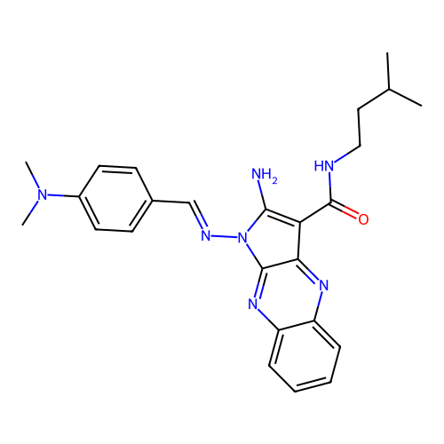(E)-2-amino-1-((4-(dimethylamino)benzylidene)amino)-N-isopentyl-1H-pyrrolo[2,3-b]quinoxaline-3-carboxamide structure