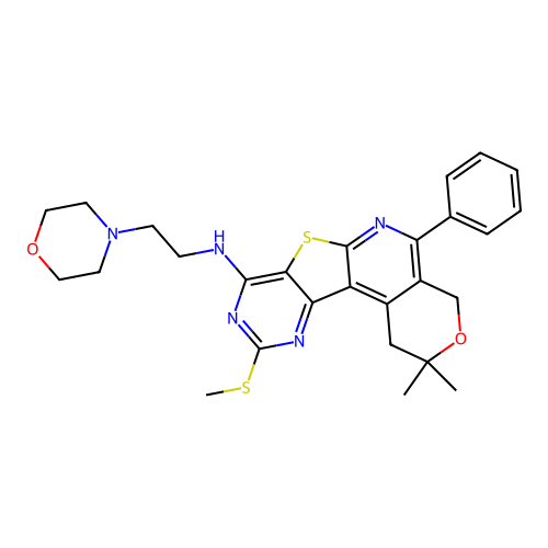 2,2-dimethyl-10-(methylsulfanyl)-N-[2-(morpholin-4-yl)ethyl]-5-phenyl-1,4-dihydro-2H-pyrano[4'',3'':4',5']pyrido[3',2':4,5]thieno[3,2-d]pyrimidin-8-amine structure