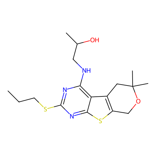 1-((6,6-dimethyl-2-(propylthio)-6,8-dihydro-5H-pyrano[4',3':4,5]thieno[2,3-d]pyrimidin-4-yl)amino)propan-2-ol structure