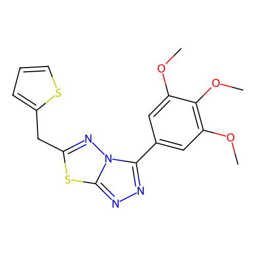 6-(thiophen-2-ylmethyl)-3-(3,4,5-trimethoxyphenyl)-[1,2,4]triazolo[3,4-b][1,3,4]thiadiazole structure