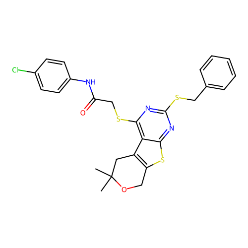 2-((2-(benzylthio)-6,6-dimethyl-6,8-dihydro-5H-pyrano[4',3':4,5]thieno[2,3-d]pyrimidin-4-yl)thio)-N-(4-chlorophenyl)acetamide structure