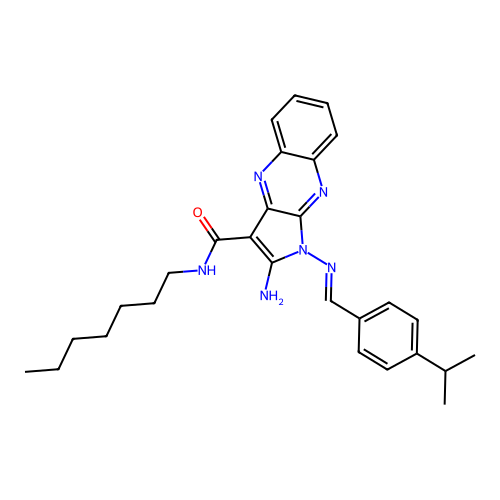 (E)-2-amino-N-heptyl-1-((4-isopropylbenzylidene)amino)-1H-pyrrolo[2,3-b]quinoxaline-3-carboxamide structure
