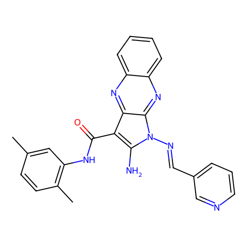 (E)-2-amino-N-(2,5-dimethylphenyl)-1-((pyridin-3-ylmethylene)amino)-1H-pyrrolo[2,3-b]quinoxaline-3-carboxamide structure