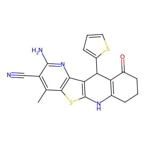 2-amino-10-hydroxy-4-methyl-11-(thiophen-2-yl)-7,8,9,11-tetrahydropyrido[2',3':4,5]thieno[2,3-b]quinoline-3-carbonitrile structure