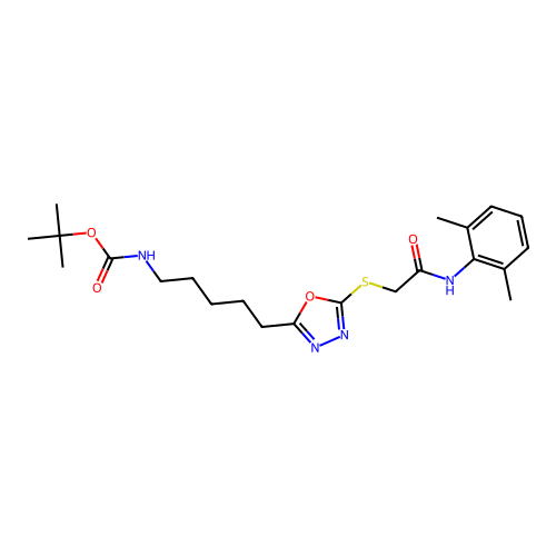 tert-butyl (5-(5-((2-((2,6-dimethylphenyl)amino)-2-oxoethyl)thio)-1,3,4-oxadiazol-2-yl)pentyl)carbamate structure