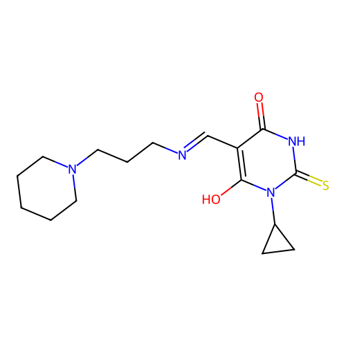 (5E)-1-cyclopropyl-5-[(3-piperidin-1-ylpropylamino)methylidene]-2-sulfanylidene-1,3-diazinane-4,6-dione structure