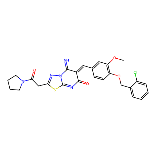 (6Z)-6-[[4-[(2-chlorophenyl)methoxy]-3-methoxyphenyl]methylidene]-5-imino-2-(2-oxo-2-pyrrolidin-1-ylethyl)-[1,3,4]thiadiazolo[3,2-a]pyrimidin-7-one structure