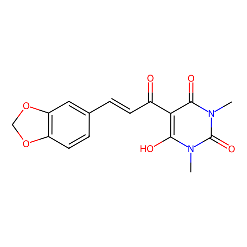 5-[(E)-3-(1,3-benzodioxol-5-yl)prop-2-enoyl]-6-hydroxy-1,3-dimethylpyrimidine-2,4-dione structure