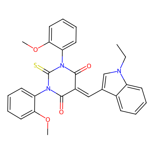 5-((1-ethyl-1H-indol-3-yl)methylene)-1,3-bis(2-methoxyphenyl)-2-thioxodihydropyrimidine-4,6(1H,5H)-dione structure