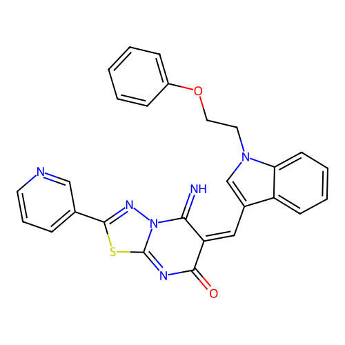 (6E)-5-imino-6-[[1-(2-phenoxyethyl)indol-3-yl]methylidene]-2-pyridin-3-yl-[1,3,4]thiadiazolo[3,2-a]pyrimidin-7-one structure