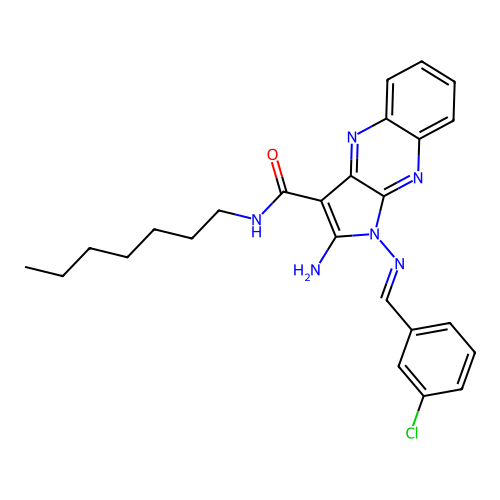 (E)-2-amino-1-((3-chlorobenzylidene)amino)-N-heptyl-1H-pyrrolo[2,3-b]quinoxaline-3-carboxamide structure