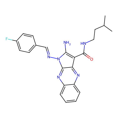 (E)-2-amino-1-((4-fluorobenzylidene)amino)-N-isopentyl-1H-pyrrolo[2,3-b]quinoxaline-3-carboxamide structure