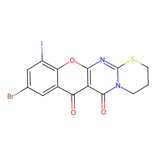 9-bromo-11-iodo-3,4-dihydro-2H,6H,7H-chromeno[2',3':4,5]pyrimido[2,1-b][1,3]thiazine-6,7-dione structure