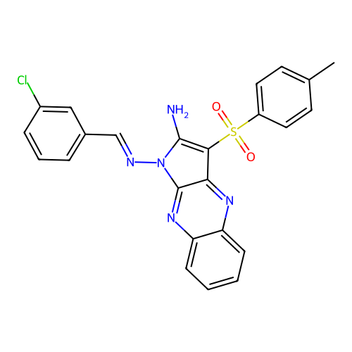 (E)-N1-(3-chlorobenzylidene)-3-tosyl-1H-pyrrolo[2,3-b]quinoxaline-1,2-diamine structure