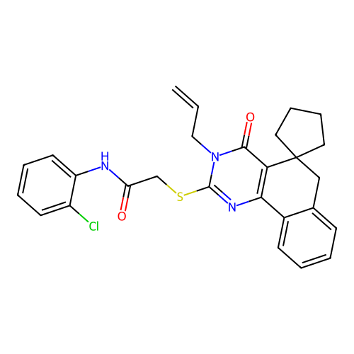 2-((3-allyl-4-oxo-4,6-dihydro-3H-spiro[benzo[h]quinazoline-5,1'-cyclopentan]-2-yl)thio)-N-(2-chlorophenyl)acetamide structure