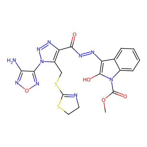 (Z)-methyl 3-(2-(1-(4-amino-1,2,5-oxadiazol-3-yl)-5-(((4,5-dihydrothiazol-2-yl)thio)methyl)-1H-1,2,3-triazole-4-carbonyl)hydrazono)-2-oxoindoline-1-carboxylate structure