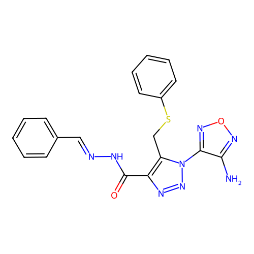 (E)-1-(4-amino-1,2,5-oxadiazol-3-yl)-N'-benzylidene-5-((phenylthio)methyl)-1H-1,2,3-triazole-4-carbohydrazide structure