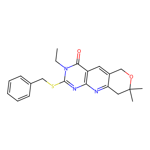 2-(benzylsulfanyl)-3-ethyl-8,8-dimethyl-3,6,8,9-tetrahydro-4H-pyrano[3',4':5,6]pyrido[2,3-d]pyrimidin-4-one structure