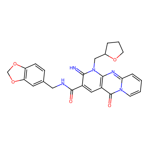 N-(1,3-benzodioxol-5-ylmethyl)-2-imino-5-oxo-1-(tetrahydrofuran-2-ylmethyl)-1,5-dihydro-2H-dipyrido[1,2-a:2',3'-d]pyrimidine-3-carboxamide structure