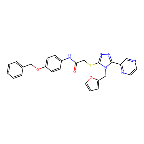N-[4-(benzyloxy)phenyl]-2-{[4-(furan-2-ylmethyl)-5-(pyrazin-2-yl)-4H-1,2,4-triazol-3-yl]sulfanyl}acetamide structure