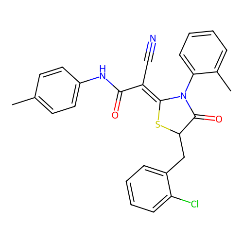 (Z)-2-(5-(2-chlorobenzyl)-4-oxo-3-(o-tolyl)thiazolidin-2-ylidene)-2-cyano-N-(p-tolyl)acetamide structure