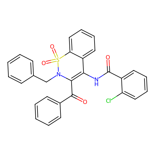 N-(3-benzoyl-2-benzyl-1,1-dioxido-2H-1,2-benzothiazin-4-yl)-2-chlorobenzamide structure