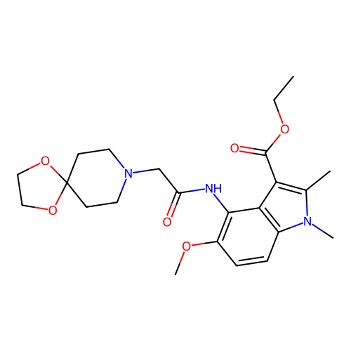 ethyl 4-(2-(1,4-dioxa-8-azaspiro[4.5]decan-8-yl)acetamido)-5-methoxy-1,2-dimethyl-1H-indole-3-carboxylate structure