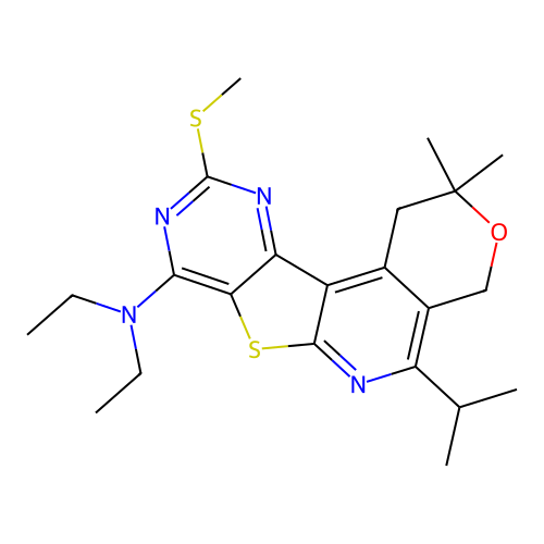 N,N-diethyl-2,2-dimethyl-10-(methylsulfanyl)-5-(propan-2-yl)-1,4-dihydro-2H-pyrano[4'',3'':4',5']pyrido[3',2':4,5]thieno[3,2-d]pyrimidin-8-amine structure