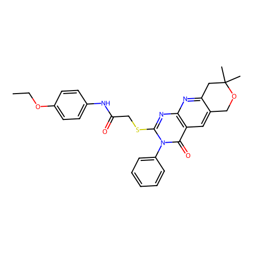 2-((8,8-dimethyl-4-oxo-3-phenyl-4,6,8,9-tetrahydro-3H-pyrano[3',4':5,6]pyrido[2,3-d]pyrimidin-2-yl)thio)-N-(4-ethoxyphenyl)acetamide structure