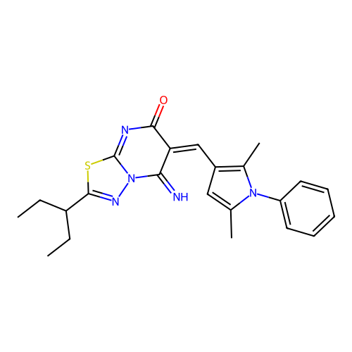 (E)-6-((2,5-dimethyl-1-phenyl-1H-pyrrol-3-yl)methylene)-5-imino-2-(pentan-3-yl)-5H-[1,3,4]thiadiazolo[3,2-a]pyrimidin-7(6H)-one structure