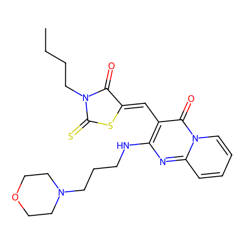 3-[(Z)-(3-butyl-4-oxo-2-thioxo-1,3-thiazolidin-5-ylidene)methyl]-2-[(3-morpholin-4-ylpropyl)amino]-4H-pyrido[1,2-a]pyrimidin-4-one structure