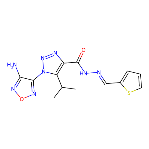 (E)-1-(4-amino-1,2,5-oxadiazol-3-yl)-5-isopropyl-N'-(thiophen-2-ylmethylene)-1H-1,2,3-triazole-4-carbohydrazide structure